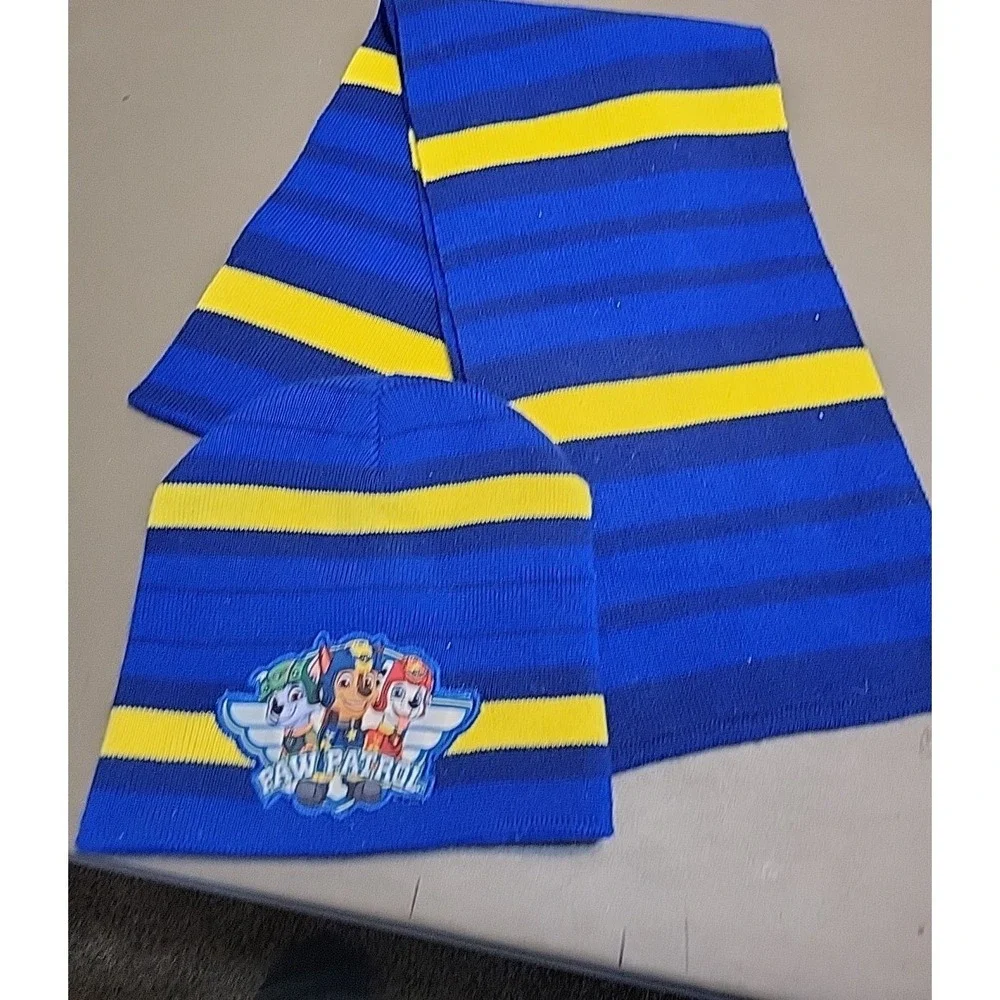 Paw Patrol‎ Top Pups Hat Scarf Set Kids One Size Blue Stripe Winter Knit
